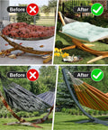Comparison of hammocks before and after using Waterproof Hammock Cover For 11 To 12 Ft Hammock Stands With Windproof Straps