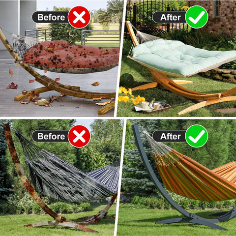 Comparison of hammocks before and after using Waterproof Hammock Cover For 11 To 12 Ft Hammock Stands With Windproof Straps