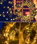 Outdoor Solar String Lights 39Ft 100 LED With 8 Modes Waterproof Warm White illuminating trees and window wreath