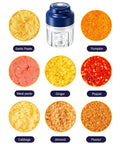 USB Rechargeable Mini Food Processor 320ML With 6 Stainless Blades Electric Garlic Chopper and food samples like garlic and ginger.