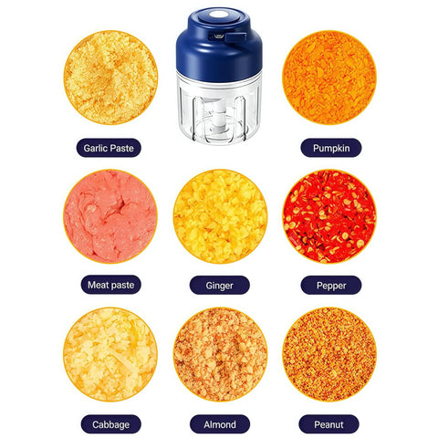 USB Rechargeable Mini Food Processor 320ML With 6 Stainless Blades Electric Garlic Chopper and food samples like garlic and ginger.