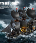 Pirate Ship Building Set With Lights 2288 Piece Three Masted Model That Works With Lego black pirate ship on stormy sea with LED lights
