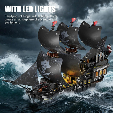 Pirate Ship Building Set With Lights 2288 Piece Three Masted Model That Works With Lego black pirate ship on stormy sea with LED lights