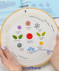 4 Piece Starter Embroidery Kit For Beginners And Pros With Simple Patterns shows 7.8 inch hoop with stitch samples and hands holding it