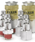 Front view of VIAIR high-flow 1/4" NPT air couplers with knurled brass bodies and four quick-connect studs (2 M, 2 F).