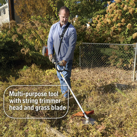 Man using 122RJ Gas Powered Brushcutter With Multi Purpose Yard Tool String Trimmer Head And Grass Blade in garden