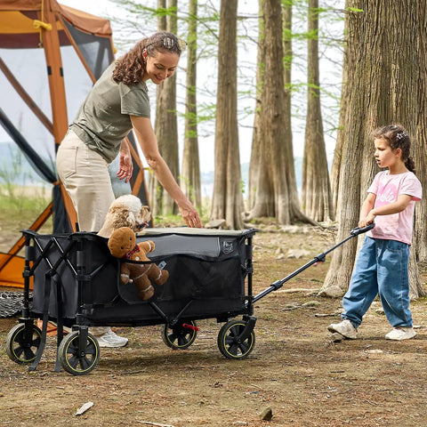 Collapsible Wagon Cart With Brakes 400 Lb Heavy Duty Large Capacity Portable Folding Wagon For Camping Gardening Shopping Gray