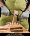 Straight Draw Knife For Wood Carving Featuring Hella Comfy Solid Oak Handles Coated In Natural Linseed Oil used on wooden block.