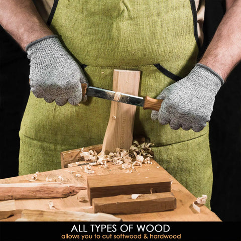 Straight Draw Knife For Wood Carving Featuring Hella Comfy Solid Oak Handles Coated In Natural Linseed Oil used on wooden block.