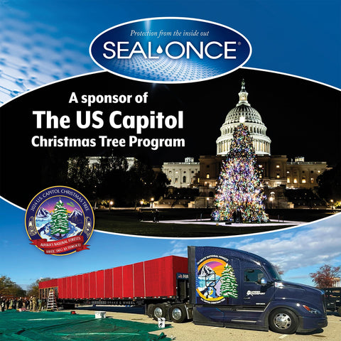 Seal-Once sponsor of US Capitol Christmas Tree Program with night view of capitol building and decorated tree, truck below.