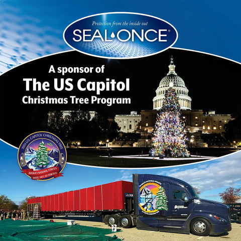 Image featuring SEAL-ONCE sponsorship of the US Capitol Christmas Tree Program with a colorful decorated tree and truck.