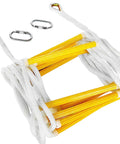 2 Story 16Ft Fire Escape Ladder With Flame Resistant Safety Rope, compact yellow ladder with white ropes and clips