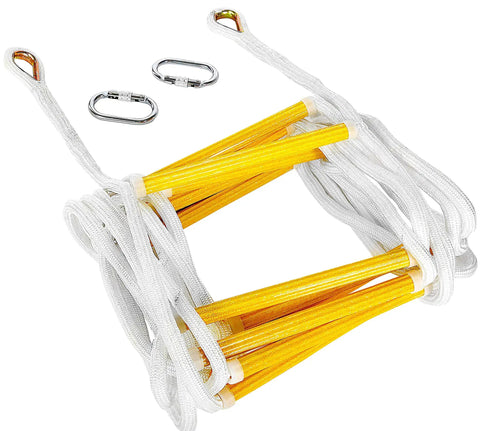 2 Story 16Ft Fire Escape Ladder With Flame Resistant Safety Rope, compact yellow ladder with white ropes and clips
