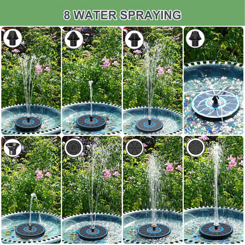 Solar Bird Bath Fountain With Glass Panel And Direct Sunlight Power High Efficiency 3.5W Water Pump showing eight water spray patterns.
