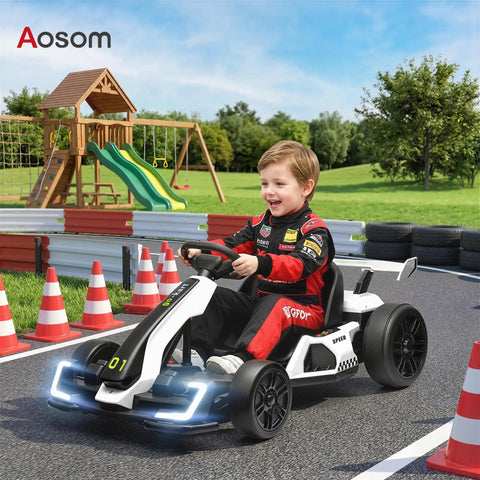 Child driving Dual Motor 24V Electric Go Kart for Kids 6-12 with Adjustable Seat Drift Mode in park, playground background