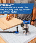 Circle Guide For Trim Routers With Easy One Hand Grip For Stable, Clean And Repeatable Circular Cuts From Three And A Half Inches To Fifty Two Inches Diameter, Compatible With Most Trim Routers, The Go-To Tool For Precise Home Woodworking Projects, shown on workbench with Kreg router