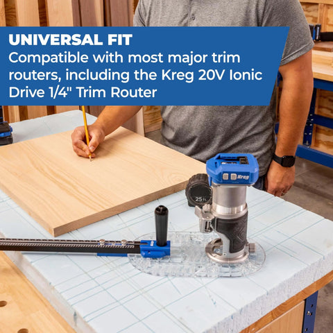 Circle Guide For Trim Routers With Easy One Hand Grip For Stable, Clean And Repeatable Circular Cuts From Three And A Half Inches To Fifty Two Inches Diameter, Compatible With Most Trim Routers, The Go-To Tool For Precise Home Woodworking Projects, shown on workbench with Kreg router