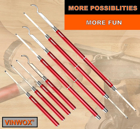 Front view: VINWOX 9‑pc carbide wood lathe turning tool set with red aluminum handles
