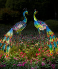 Two Pack Solar Peacock Garden Decor Lights Metal Peacocks Statue With LED Lighting illuminating among pink flowers at night