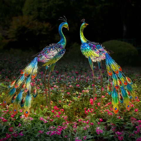 Two Pack Solar Peacock Garden Decor Lights Metal Peacocks Statue With LED Lighting illuminating among pink flowers at night