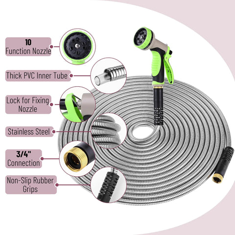 Stainless Steel Garden Hose With 10 Function Spray Nozzle, 100 Ft No Kink Metal Water Hose details and features illustration