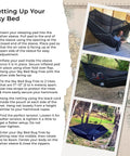 Bug Free Sky Bed Camping Hammock Tent setup guide with asymmetrical design, built-in pad sleeve, and elevated comfort.