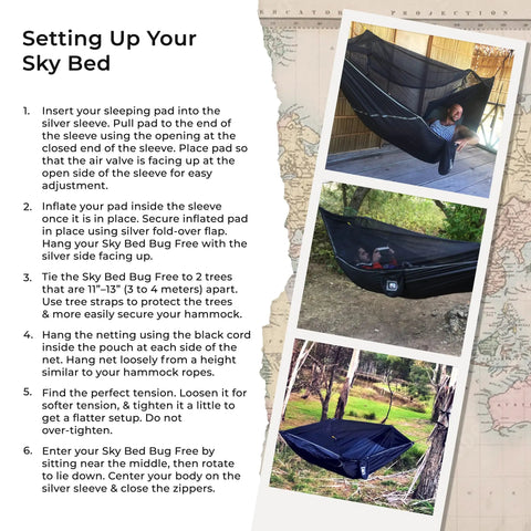 Bug Free Sky Bed Camping Hammock Tent setup guide with asymmetrical design, built-in pad sleeve, and elevated comfort.