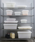 Pro-Grade Restaurant-Ready Food Storage Box 34 Quart 8.5 Gallon on shelves in kitchen with BPA-Free White Polyethylene containers