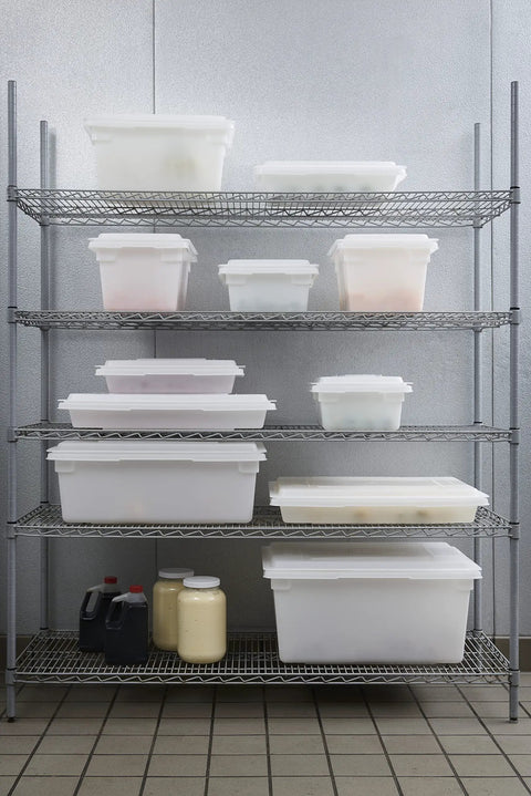 Pro-Grade Restaurant-Ready Food Storage Box 34 Quart 8.5 Gallon on shelves in kitchen with BPA-Free White Polyethylene containers