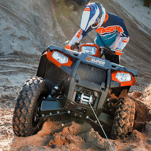 ATV using 2500 Lb Electric Winch for ATV UTV Boat and Trailer with 50Ft Steel Cable on sandy terrain