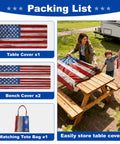 American Flag Picnic Table Cover Set With Bench Covers For 72 By 30 Inch Tables and 72 By 12 Inch Benches Waterproof shown in use