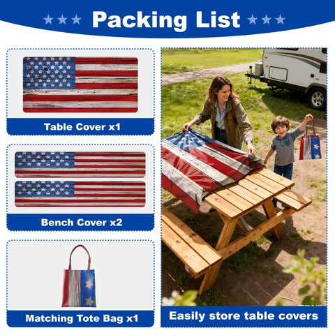 American Flag Picnic Table Cover Set With Bench Covers For 72 By 30 Inch Tables and 72 By 12 Inch Benches Waterproof shown in use