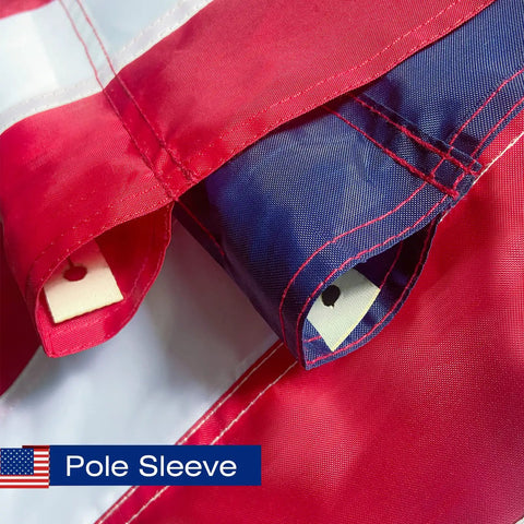 Close-up of USA Flag 2.5x4 Ft Pole Sleeve Banner Style With Embroidered Stars And Sewn Stripes Heavy Duty Durable Polyester For Outdoor