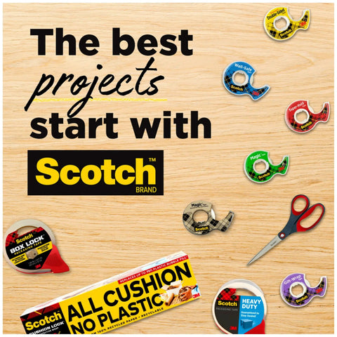 Scissors and Scotch tape products on wood background. All Purpose Precision Scissors for everyday crafting and office tasks.