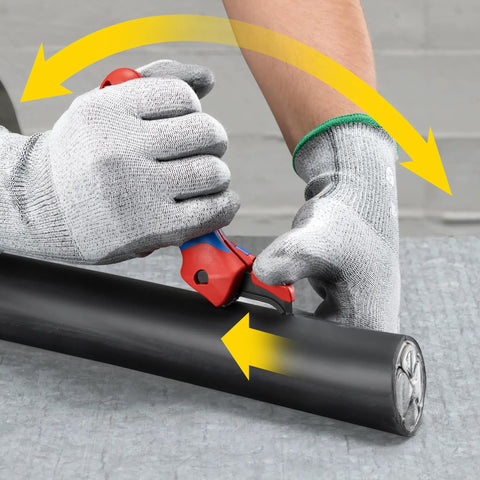 Electrician using Ratcheting Cable Stripping Knife For Electricians With Three Cutting Areas For Round And Longitudinal Cuts Guide Shoe Protects Insulation Five And Three Quarters Inch Blade Heavy Duty Workhorse Multifunction Tool on a cable