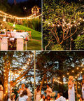 Outdoor setup using 100Ft Solar String Lights With 52 LED Globe Bulbs, Warm 2700K Glow for cozy backyard event ambiance at night