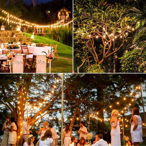 Outdoor setup using 100Ft Solar String Lights With 52 LED Globe Bulbs, Warm 2700K Glow for cozy backyard event ambiance at night
