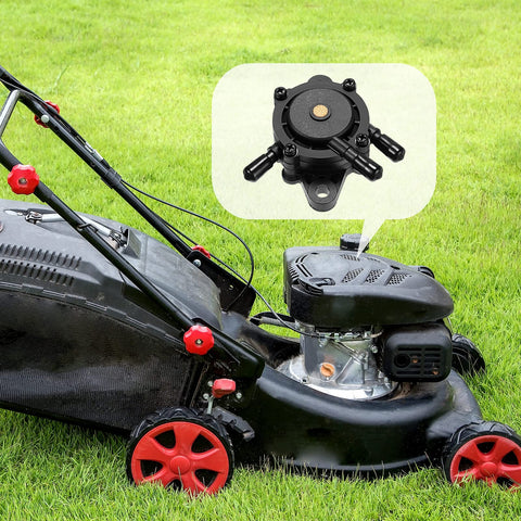 Six Pack Fuel Pumps For Lawn Mower Replacement Compatible with 491922 691034 692313 showcased next to a lawn mower