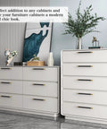 Modern dresser with Brushed Satin Gold Brass Finish T Bar Cabinet Handles Set of 10 With Electroplated Matte Black Accents installed