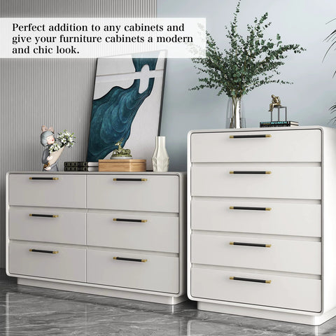 Modern dresser with Brushed Satin Gold Brass Finish T Bar Cabinet Handles Set of 10 With Electroplated Matte Black Accents installed