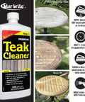 Premium Teak Cleaner That Restores Weathered Gray Teak Furniture And Fine Wood Without Sanding Or Pressure Washing Easy To Use No Fuss Application Brings Back Natural Warmth And Depth For Boats Decks And Outdoor Furnishings One Gallon shown with application steps on teak table.