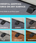 Heavy Duty Door Stopper Set Of 3 Rubber Wedges For Carpet, Hardwood, Concrete And Tile shown on various floor types