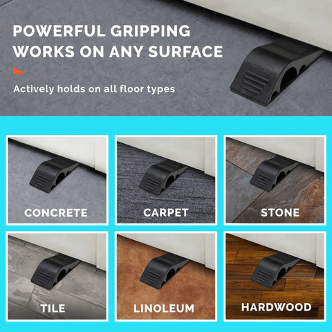 Heavy Duty Rubber Door Stoppers Set Of 6 For Carpet Hardwood Concrete And Tile Doors Wedges shown gripping various floor types