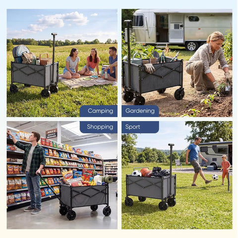 Heavy Duty Collapsible Wagon Cart With Wheels 220 Pound Capacity Mini Foldable Portable Wagon With Adjustable Handle For Camping Garden Beach Sports And Shopping Gray in various outdoor and shopping scenarios