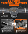 58-tooth precision ratchet mechanism of All In One Magnetic Ratchet Screwdriver Set With 42 In 1 Bits for secure screws.