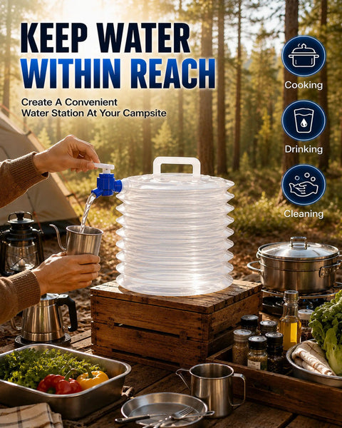 Collapsible Water Container With Spigot For Camping And Travel Foldable Water Jug in use on outdoor table