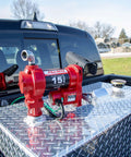 12V FR1204H Fuel Transfer Pump 15 GPM Pump Only Model Built Tough Cast Iron Construction mounted on vehicle