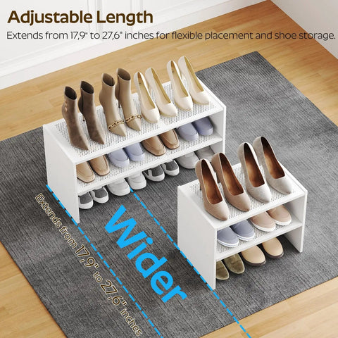 Expandable Shoe Rack Two Tier Adjustable Entryway Organizer Holds Up To Twelve Pairs Of Shoes For Small Spaces on carpet