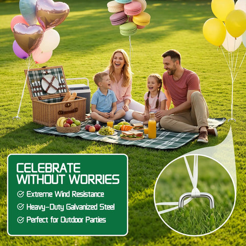 Family enjoying picnic with Heavy Duty Galvanized Garden Stakes 5 Inch 25 Pack securing blanket on grass.