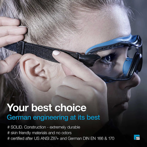 Side view of person wearing Anti-Fog Safety Goggles with Clear Lens and Adjustable Elastic Headband for Men and Women, Blue Frame
